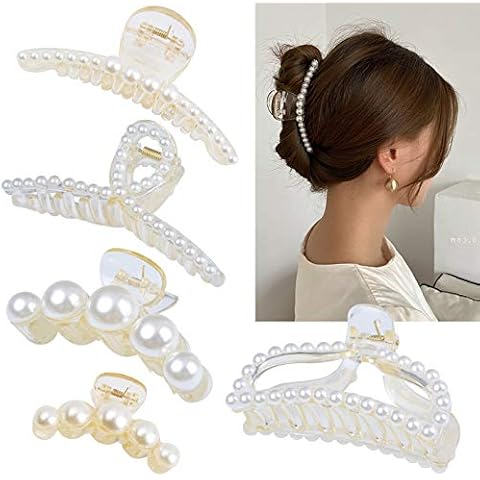 DEEKA 5 Pcs Large Pearl Hair Claw Clips White Black Thick Long Jaw Clips Barrettes Hair Accessories for Women and Girls Cover