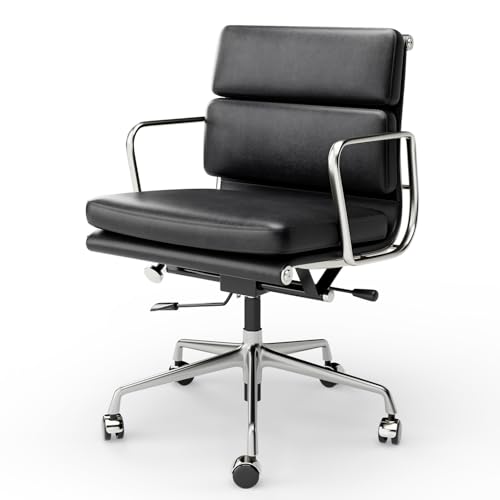 Image of Genuine Leather Office Chair, Padded Mid Back Ergonomic Executive Desk Chair with Aluminum Arm Rest and Base, Swivel Wheels with Lumbar Support & Tilting Function, Hight Adjustable, Black