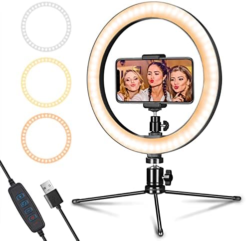 Dimmable Desk Makeup LED Ring Light 10" with Tripod Stand & Phone Holder for Live Streaming & YouTube Video, Photography, Shooting with 3 Light Modes & 10 Brightness Level