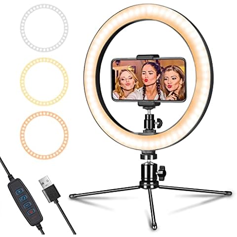 Dimmable Desk Makeup LED Ring Light 10" with Tripod Stand & Phone Holder for Live Streaming & YouTube Video, Photography, Shooting with 3 Light Modes & 10 Brightness Level Cover