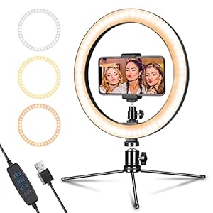 Dimmable Desk Makeup LED Ring Light 10″ with Tripod Stand & Phone Holder for Live Streaming & YouTube Video, Photography, Shooting with 3 Light Modes & 10 Brightness Level