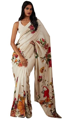 Sari imprimé numérique pour femme indienne blanc cassé avec chemisier
