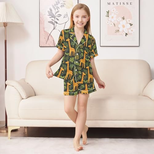 ALAZA Giraffe Leaves Tropical Pajamas Satin Pajama Set Short Sleeve Button Down Sleepwear3