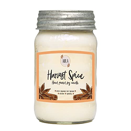 Aira Soy Candles - Organic, Kosher, Vegan, In Mason Jar W/Therapeutic Grade Essential Oils - Hand-Poured 100% Soy Candle - Paraffin Free, Burns 110+ Hours - Fall Candle - Harvest Spice -16 Ounces #TOP2