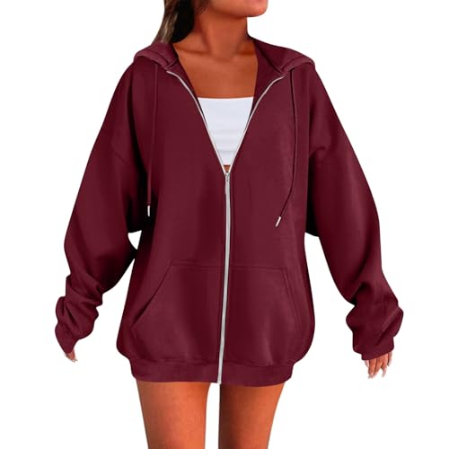 Zip Up Hoodie Women Oversized Hooded Sweatshirt Fall Winter Fleece Long Sleeve Tops Drop Shoulder Jacket With Pockets