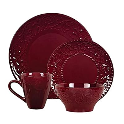 Luxury & Elegant 16 Piece Stoneware Dinnerware Set For 4 | Intricate Raised Scroll Pattern With Pretty Brown Trim, Dishwasher Safe, Scratch Resistant | Solid Burgundy Shade,Stylish Modern Appearance