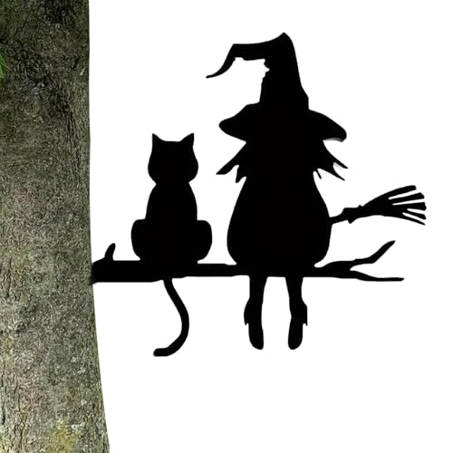Bruja Y Gato, Bruja Y Gato De Halloween | Decoración De Halloween Gato Negro, Jardín De Miedo, Decoración De Halloween Al Aire Libre, Cartel De Jardín Para Tarro