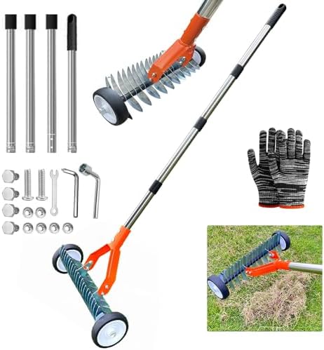 Handvertikutierer mit Rollen,Vertikutierer Rechen mit Stiel 165cm,Rasenlüfter mit Rädern,Metall Schneidrechen Garten,Abnehmbar,Verstellbarer Vertikutierrechen,Vertikutierharke für
