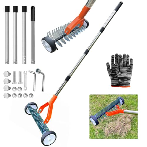 Scarificatore manuale con rulli, rastrello scarificatore con manico 170cm, arieggiatore per prato con ruote, rastrello da taglio in metallo da giardino, rimovibile, rastrello scarificatore regolabile
