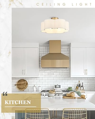 Image of Gold Semi Flush Mount Ceiling Lights, 6-Light 18Inch Ceiling Light Fixtures with Fabric Shade in Flower Shape, Farmhouse Brass Drum Lighting for Nursery Bedroom Kitchen, AD-22007-6SF-GD