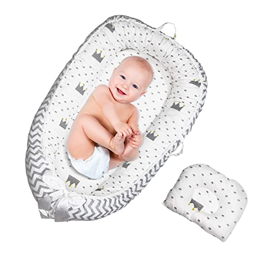 Image of Baby Lounger with Pillow for Newborn, Baby Nest Lounger Co Sleeping, Ultra Soft and Breathable Portable Baby Lounger (Crown)