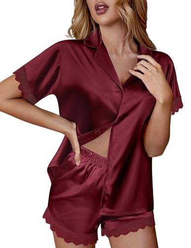 Image of Ekouaer Womens Lace Satin Pajama Set Button Down Pj Shorts Set Bridesmaids Getting Ready Outfits Casual Sleepwear XS-XXL