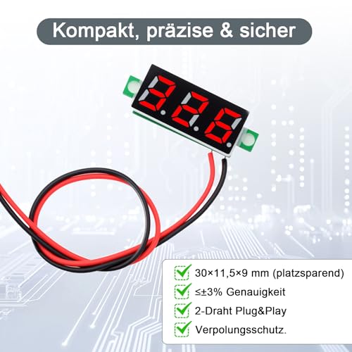 AYWHP 12 Stück 0,28 Zoll Mini Digital Voltmeter DC 2.5-30V - Präzise LED Spannungsanzeige mit Verpolungsschutz, 2-Draht Digital Voltmeter für Auto Motorrad Elektronik Projekte