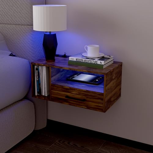 Homaterial Floating Nightstand with Charging Station and LED Lights, Floating Bedside Table with Drawers Wall Mounted Nightstands,for Bedroom Room, 21.3' x 11.8' x 10',Rustic Brown