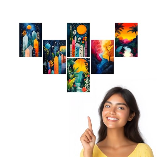 Image of SiddArtify Abstract Landscape Wall Art Prints Set - Colorful Nature Poster Decor for Living Room Bedroom - Set of 2-4x6 Inch - Board (Pack of 6) - Sticker (Pack of 6)