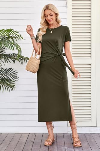 Newshows Women 2025 Summer Casual Dress Tie Waist T Shirt Short Sleeve Beach Crew Neck Slit Maxi Trendy3