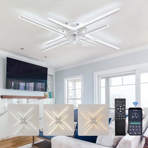 Luyaim Moderno Diseño Blanco 86CM Lampara Ventilador Techo Silencioso Con Mando A Distancia - 6 Velocidades Motor DC LED Dimmable Lámpara De Techo Con Ventilador Para Dormitorio Salón Oficina-White