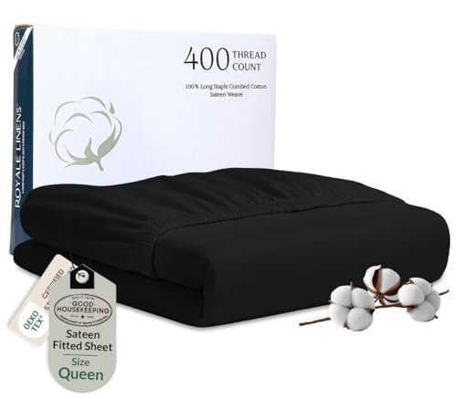 Image of Royale Linen 400 Thread Count Queen Fitted Sheet Only - 100% Cotton Queen Size Fitted Sheet - Luxury Sateen Weave - All Around Elastic Deep Pocket - Durable Bottom Sheets - Fit Up To 16 inch (Night Black)