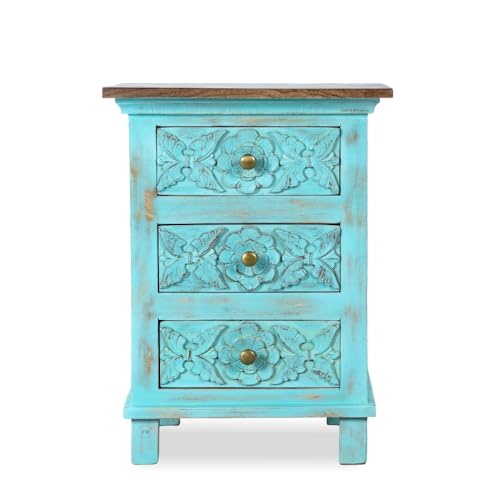 Image of Wooden Bedside Table for Bedroom | Solid Wood Phena Bedside Table with Drawers | Corner Side Table for Living Room | Traditional Handcrafted Furniture for Home Decor (Light Blue Distress)
