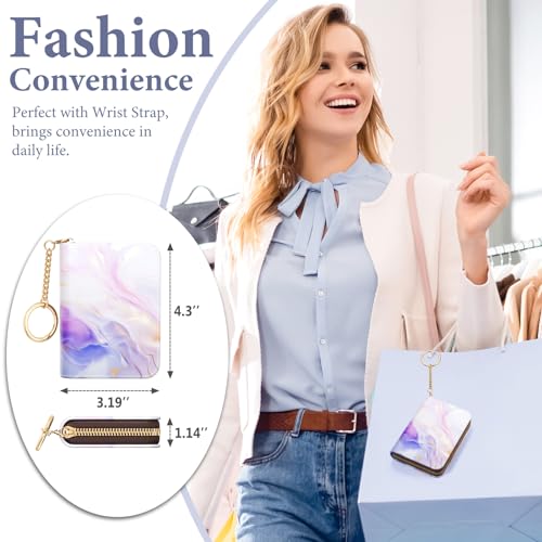 Image of Credit Card Holder RFID Wallet for Women, Small Leather Card Organizer Case with Zipper and Keychain, Purple Marble