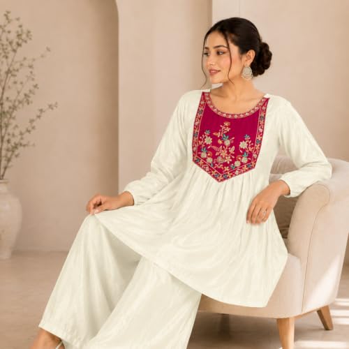Image of Embroidered Sharara Set for Women | Roman Silk Short Kurta with Flared Sharara Pants | Designer Festive Ethnic Wear Suit Set for Weddings, Sangeet & Celebrations