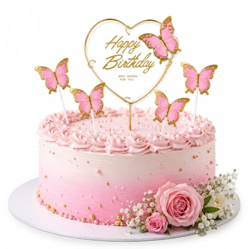 Image of Wanna Party Happy Birthday Cake Topper with Pink Butterflies, 5 Pcs Butterfly Cake Decoration Set for Birthday Cake, Cupcake, Dessert Table, Party Decor & Celebration Supplies