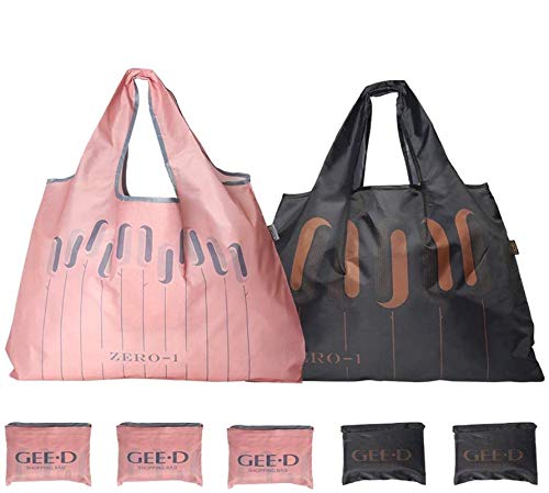 Large Reusable Grocery Bags Foldable Shopping Bags Fashionable Tote Bags Ripstop Waterproof Machine Washable Durable and Lightweight Oxford Fabric Bags (BLACK + PINK, 5)