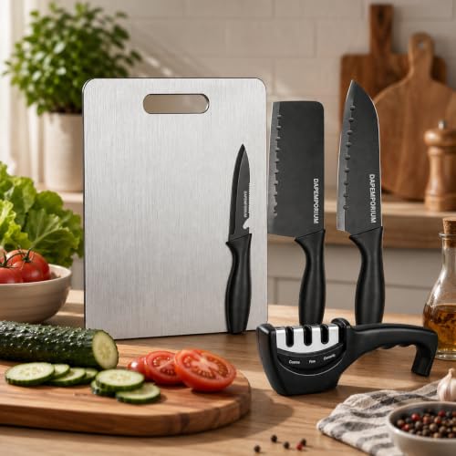 Image of 3 Kitchen Knife Set with Steel Cutting Board & Sharpener | Kitchen Knives Black Coted Stainless Steel Blade With Covers | 3 Slots Knife Sharpener | Food Grade Steel Chopping Board for Meat and Veggis