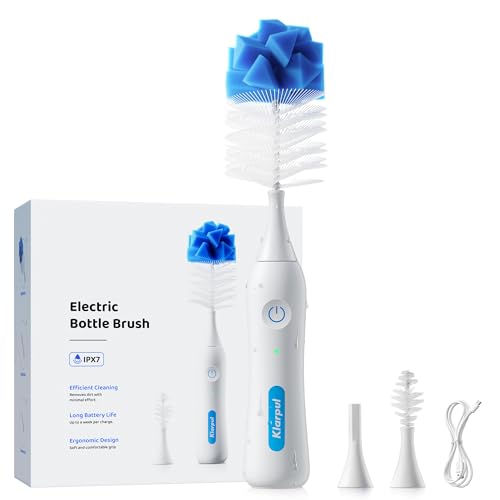 Image of Klarpul Electric Bottle Brush Cleaner, IPX7 Waterproof Baby Bottle Brush with Replaceable Nipple Cleaning Kit & Extender Rod, 2 Speed Modes, 360° Auto Cleaning, 2000mAh Battery, Rechargeable, Blue