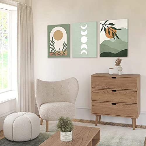 Sage Green Boho Wall Art Set of 3, Boho Room Decor, Mid-Century Modern Wall Art Prints, Framed Neutral Abstract Canvas Prints Green Wall Art Sun Leaf Mountain Minimalist Artwork 12\" X 16\" for Bathroom Bedroom Living Room Boho Wall Decor