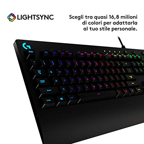 Logitech G213 Prodigy Tastiera Gaming, RGB Lightsync Backlit Keys, Resistente agli schizzi, Tasti personalizzabili, Tasti multimedia personalizzabili, Layout QWERTY US, Nero