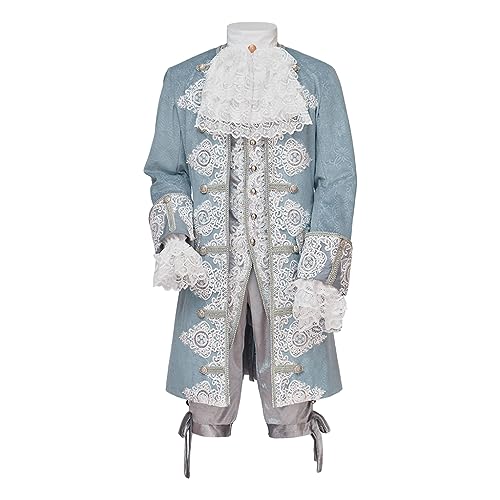 MelangCos Mens Marie Antoinette Costume 18th Century Rococo Tailcoat Suit Masquerade Deluxe Outfit for Prince (XL, Baby Blue)