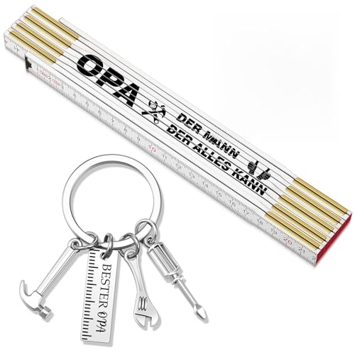 SATINIOR Meterstab Geschenk Set 2 Meter Zollstock und Handwerker Schlüsselanhänger Kreativer Gravur Gliedermaßstab Holz Bester Papa Bester Opa Geburtstag für Männer zum Vatertag Weihnachten(Opa)