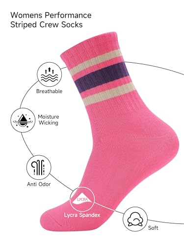 Image of Forony Women Tube Socks Anti Odor Crew Soft Combed Cotton Quick Dry Moisture Wicking Breathable Socks with Strips