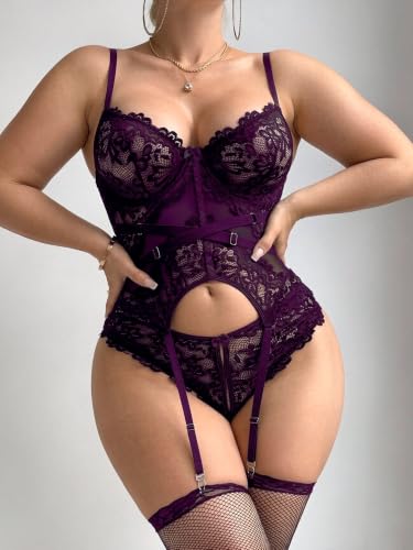 Image of Alrovetoney Sexy Lingerie Set 4pcs Teddy Bodysuit With Bra And Panties & Thigh Highs Corset Bodysuit XS-3XL