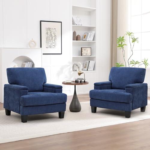 Image of Accent Chair Set of 2 with Storage Armrest, Modern Upholstered Reading Living Room Chairs, Comfy Large Armchair, Fabric Single Sofa Chair for Bedroom (Blue)