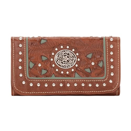American West Hand Tooled Handcrafted 100% Genuine Leather Tri-Fold Wallet for Women Credit Card Slots Cash Pocket and Clear ID Holder Lady Lace Collection Western (Medium Brown)