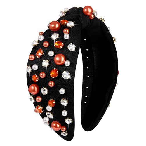 GLBCC Pearl Knotted Headband for Women, Halloween Accessories Wide Knot Twist Headpieces, Rhinestone Crystal Jeweled Hairband, Halloween Party Makeup Costume Gifts (orange knot hairband)