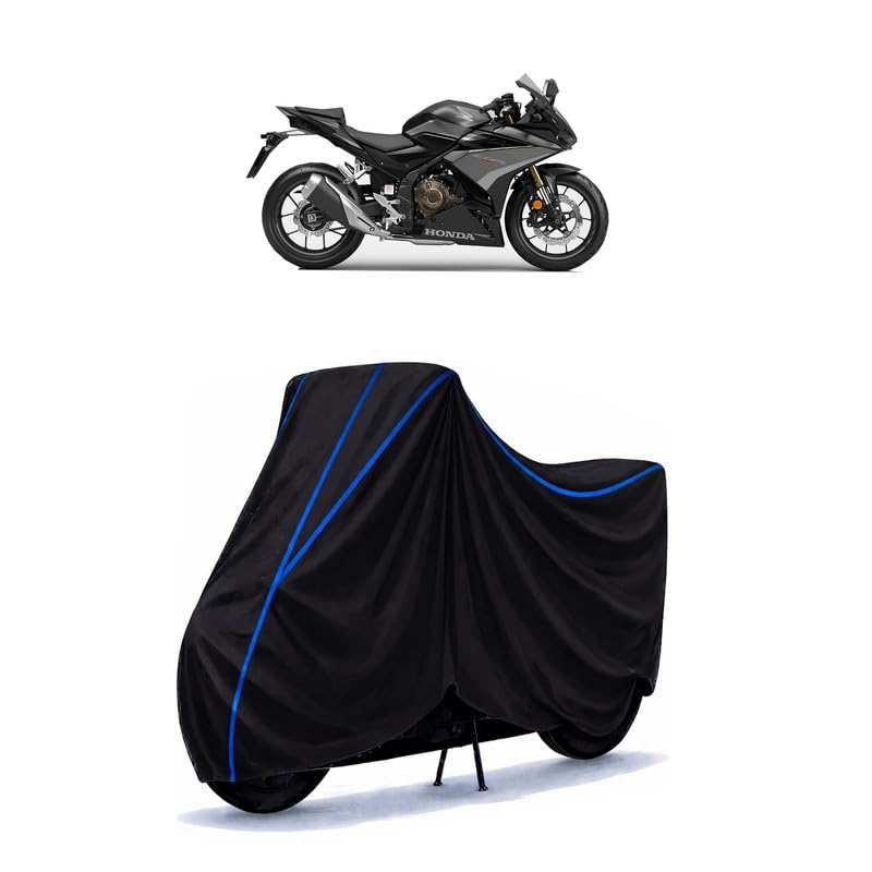 Image of CBR 500 R Bike Cover Water Resistant Universal Motorcycle Rain | Heavy Duty UV Protection, Dust, Scratch Indoor Outdoor All Weather with Black Blue Piping Elastic
