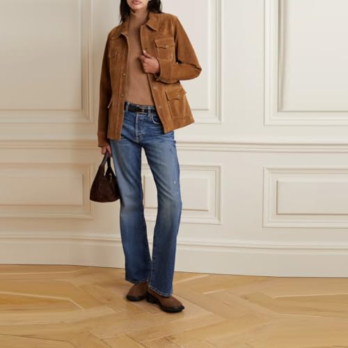 Women's Suede Safari Jacket, Brown, 4 Front Pockets, Button Front Closure3