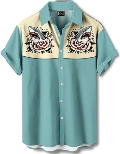 Men's Hawaiian Shirt, Shark and Rose Print Button Down Shirt, Mint Green and Cream Color Block Design, Short Sleeve Regular Fit
