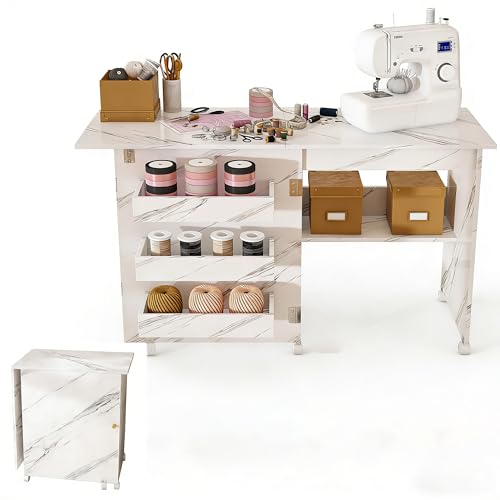 4-in-1 Folding Sewing Table with Storage, Sewing Desk Foldable with