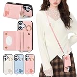 lamawin iphone 16 ケース ショルダーストラップ付き 斜めがけ 首掛け 肩掛け 可愛い キャラクター ねずみ アイフォン 16 スマホケース 背面 磁気 カードケース 【カード収納3枚】 鏡付き 対応 iPhone16 ケース PUレザー 全面保護 耐衝撃 携帯ケース iphone 16 ピンク