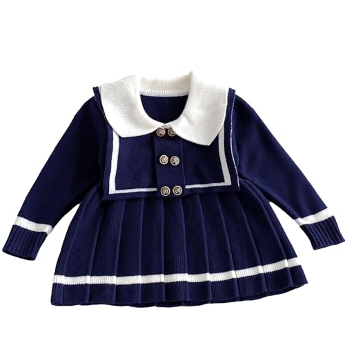 Toddler Girl Navy Collar Knit Dress Autumn Winter Outfit