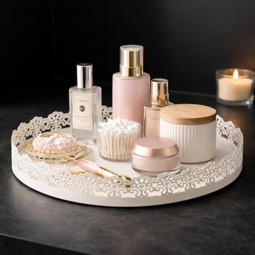 Image of Gold Finish Decorative Metal Tray | Multipurpose Serving & Vanity Tray | Premium Cutwork Design | Home Decor Organizer | 28 x 4 cm (Ivory)