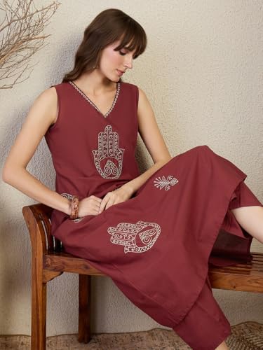 Image of INDO ERA Women's A-Line Pure Cotton Ethnic Motifs Embroidered Kurta & Palazzos Set | Cord Set For Women Cotton