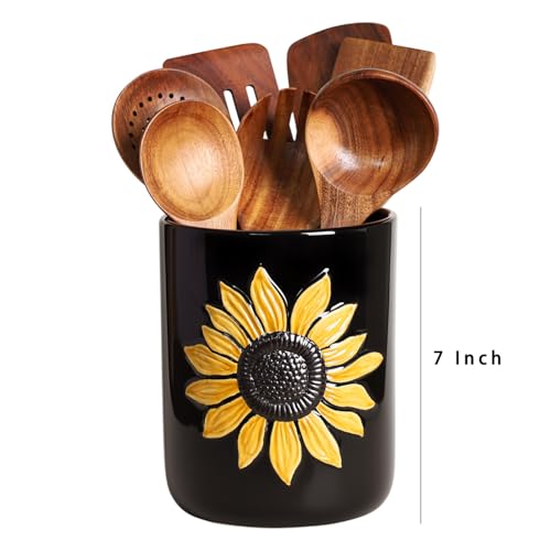 Bicuzat Black Ceramic Kitchen Utensil Holder, Large Sunflower Cooking Utensil Crocks for Kitchen Countertop, Ceramic Utensil Organizer for Spatula by Bicuzat - Image 2