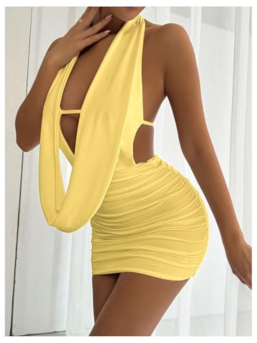Image of SOLY HUX Women's Sexy Deep V Neck Halter Bodycon Mini Dress Sleeveless Party Club Dresses