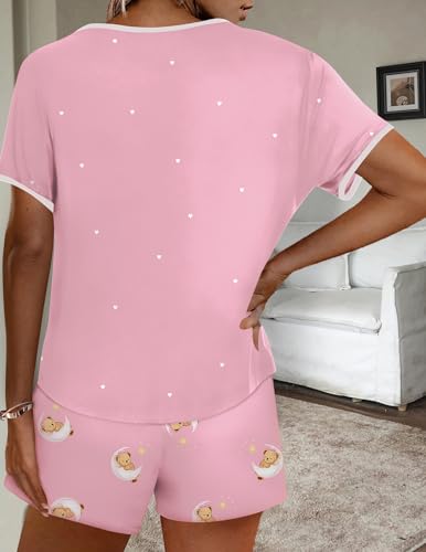 Image of Ekouaer Women Pajama Set Casual Short Set Pink-Wind Love Cartoon Bear Small