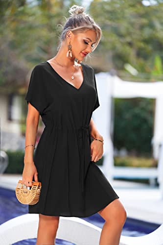Ekouaer Women's Cover Up Short Sleeve Beachwear Coverups Loose V-Neck Bikini Beach Tunic Top(Black,Large) #TOP2